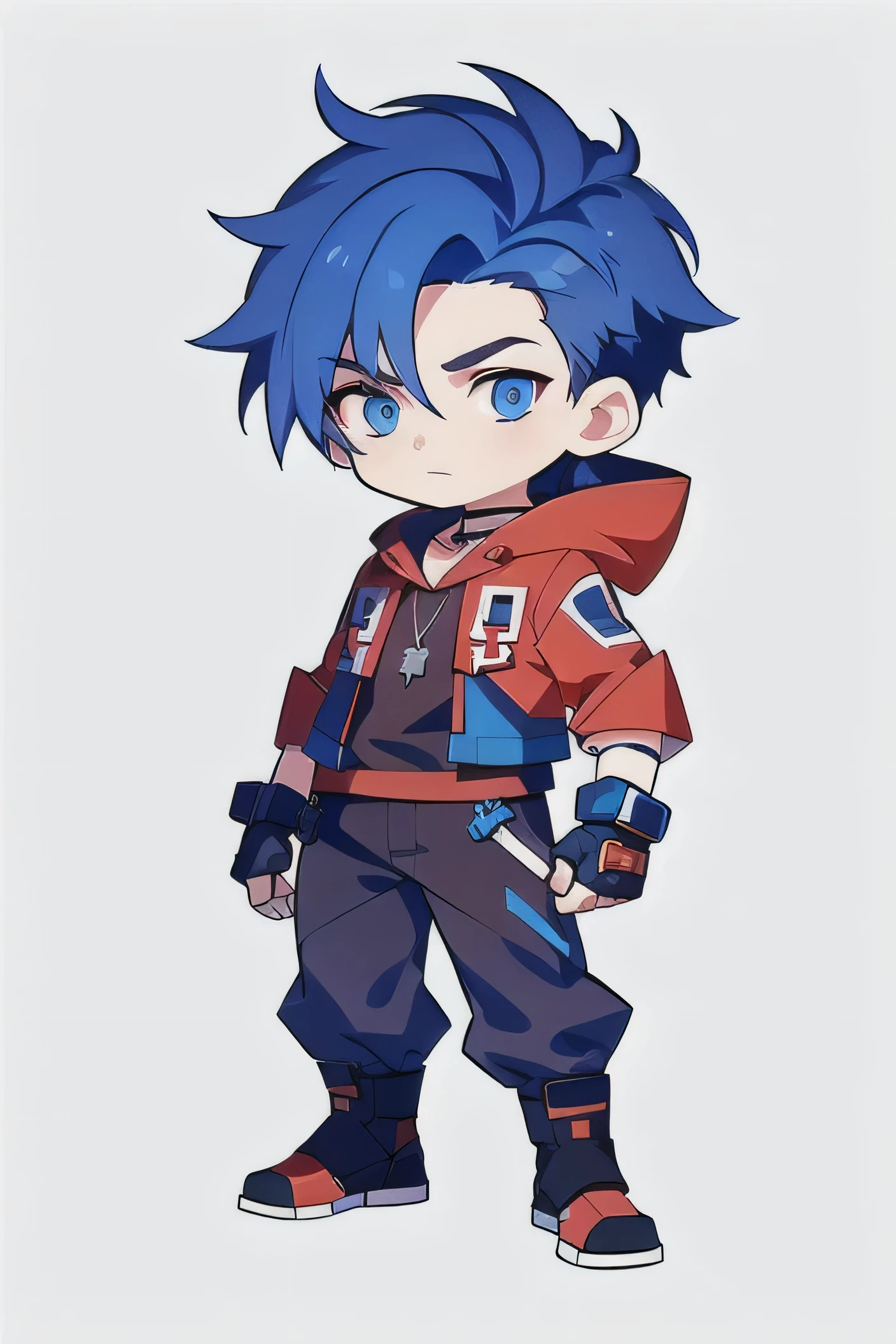 Concept Art, Original character design, Q version characters, 1 boy, Male focus, Solitary, Red Cliff, Blue Hair, jacket, Gloves, fingerless Gloves, White background, Jewelry, blue eyes, Pants, hood, hoodie, whole body, Simple background, necklace, Brown eyes, shoe,