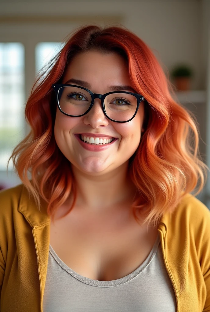 RAW photo, (masterpiece), best quality, extremely detailed, delicate and beautiful, one woman, (solo), sharp, studio quality, (wearing yellow sweater), (wearing jeans), (full body portrait), inside, apartment, kitchen, livingroom, table, chair, window, ceiling, doorway, couch, morning, (looking at viewer), 8k uhd, dslr, soft lighting, high quality, film grain, Fujifilm XT3,  (Tessa Fowler woman), (large breasts), (curvy), <lora:tessaf:0.85>, [red hair],  smile512, (long shot), (wearing glasses)