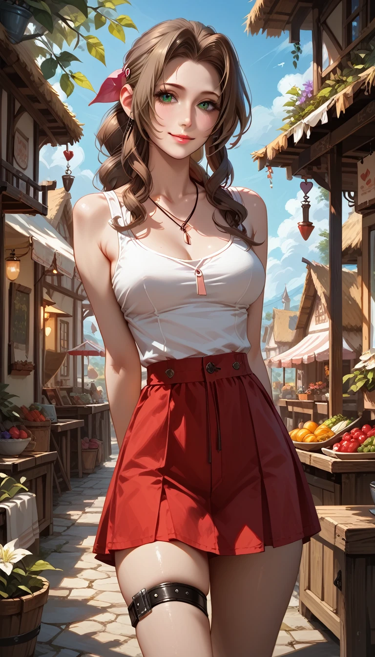 score_9, score_8_up, score_7_up, 1girl, solo, Aerith Gainsborough, 20 years old, tank top, hairclip, short skirt, tall, skinny, narrow hips, seductive pose, thigh strap, arms behind back, medium breasts, affectionate gaze, light smile, (countryside town market:1.2), beautiful scene, highly detailed, detailed face, absurdres, 4k, masterpiece, best quality.