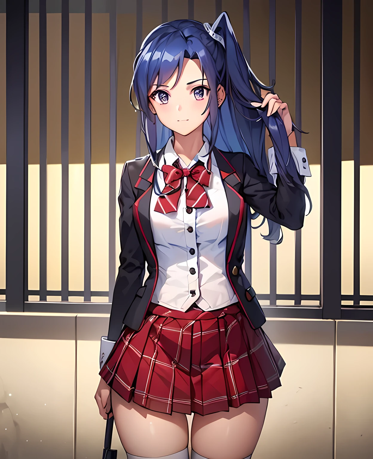 (Highest quality, masterpiece:1.3), One Girl, Cute Girls, alley, Use an umbrella, Large and transparent umbrella, Looking at the audience, Blue Hair, Towards the photo, Standing in a relaxed pose, Wearing a red blazer with gold buttons and a matching checked skirt, Pair it with black ankle boots. Her long, Wavy hair gently cascading down, She accessorizes with a checked bow tie.. In the background、Greenery and brick walls etc.、Indoor and outdoor elements combined。. The lighting is natural, Creates a soft and lively atmosphere.