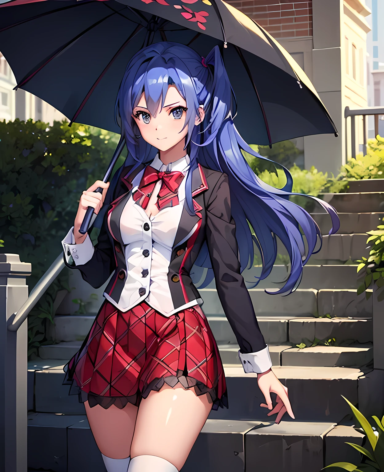 (Highest quality, masterpiece:1.3), One Girl, Cute Girls, alley, Use an umbrella, Large and transparent umbrella, Looking at the audience, Blue Hair, Towards the photo, Standing in a relaxed pose, Wearing a red blazer with gold buttons and a matching checked skirt, Pair it with black ankle boots. Her long, Wavy hair gently cascading down, She accessorizes with a checked bow tie.. In the background、Greenery and brick walls etc.、Indoor and outdoor elements combined。. The lighting is natural, Creates a soft and lively atmosphere.