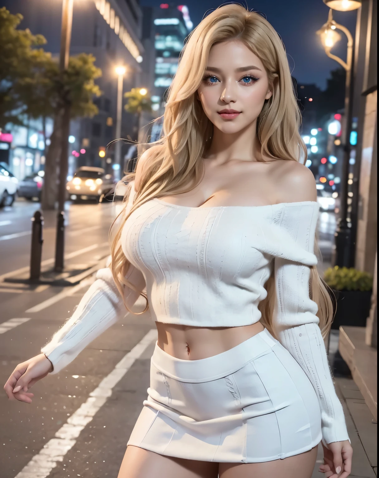 1girl, (Blue Eyes), (smiling :1.1), (beautiful makeup :1.1), (big tits :1.1), (big ass), thin waist, thick thighs, toned legs, muscle, (Best Quality, 8k, Masterpiece), Clear Focus, Perfect Body Beauty, strong abs, Highly detailed face and skin texture, detailed eyes, double eyelids, lips bright, (blonde long wavy hair :1.3), (beautiful detailed off-shoulder sweater :1.2), (white mini skirt :1.2), standing, posing for a professional photo shoot, on the street, night
