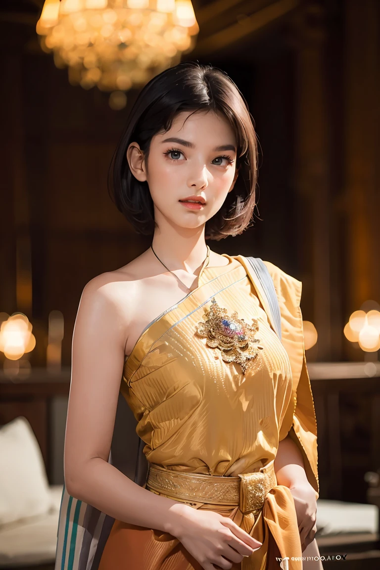 (RAW photo:1.2), (photorealistic:1.4),(masterpiece:1.3),(best quality:1.4),ultra high res,(detailed eyes),(detailed facial features),(detailed clothes features),HDR,8k resolution, solo focus,thai tradition dress,tradition shawl ,golden jewelry,1 girl ,facing to viewer,full body, depth of field,cinematic light,(adorable  girl with rim lighting :1.2), (((perfect body shape ))),,2 ,(Eurasian face),(pale skin),(gorgeous short hair:1.1),(dark hair:1.11)