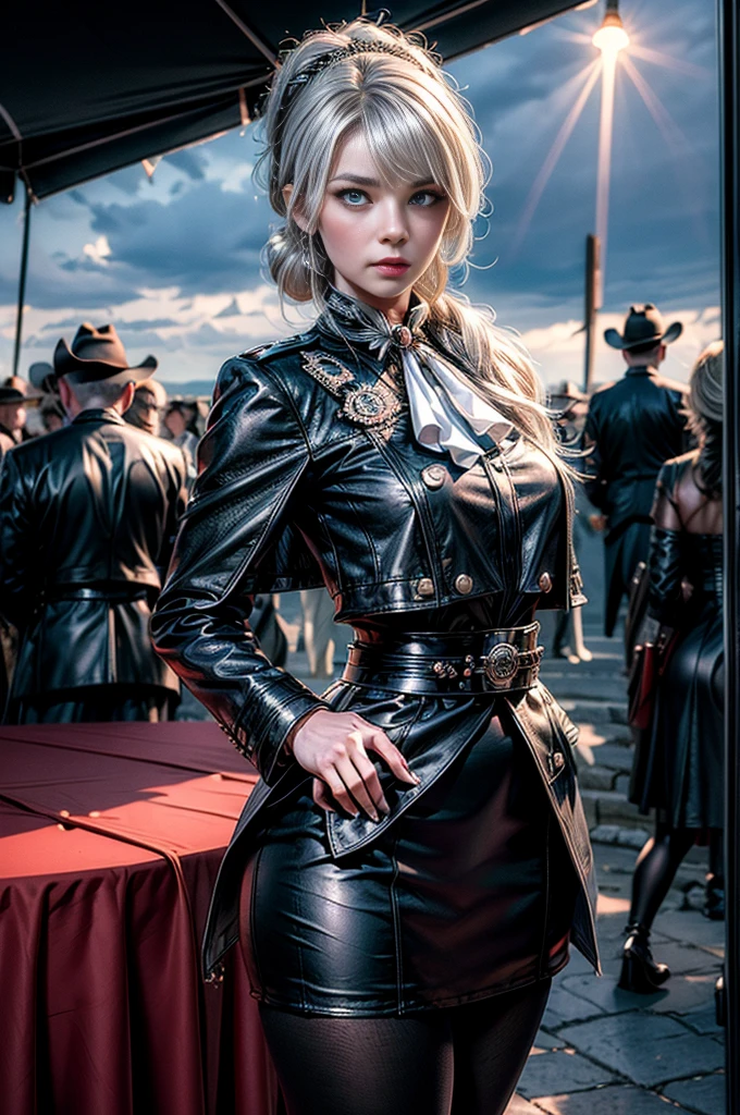 masterpiece,best quality, masterpiece, high detail,detailed face,detailed eyes,rendered eyes,perfect eyes,hip lines,crisp image,detailed,amazing,8k,8k wallpaper,8k background,high detailed skin,high res, (((cowboy shot))), solo, 1girl,looking at viewer,WillowSchnee, white hair tied up in a bun, low on the right side of the back of her head, while her bangs are shaped around the left side of her face and a small, curled lock of hair reaching almost to her shoulders. her attire consists of a black dress, white cravat secured by a silver brooch set with a red stone,  a wide belt around her waist,  black tights and red shoes. serious expression,  outdoors, military wedding, lavish wedding reception, on hillside, overlooking coast, sea, crowd, (crowd in military dress), tables, (volumetric lighting), sharp focus, hyper detailed 