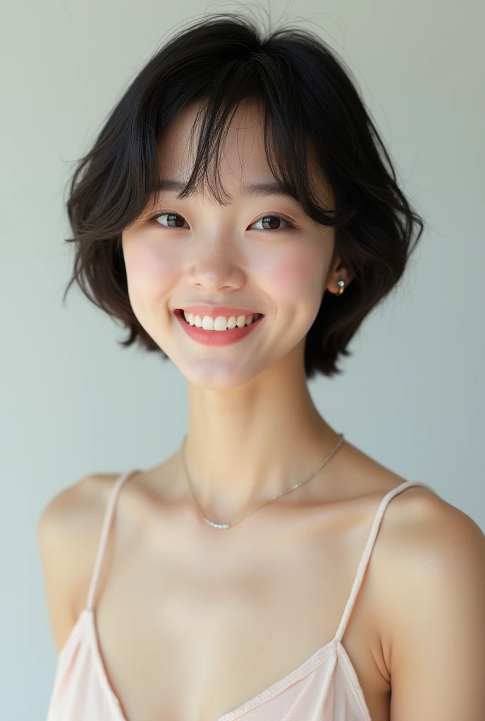 （Gray background：1.5、Close Shot：1）、（Photorealsitic：1.4）、（top-quality：1.0）、（超A high resolution：1.0）、8K、RAW Photography、（​masterpiece：0.2）、1 female、Beautiful skins、Detailed skin、A big smile、tusk、（short-hair：1）、（swim wears：1.2）