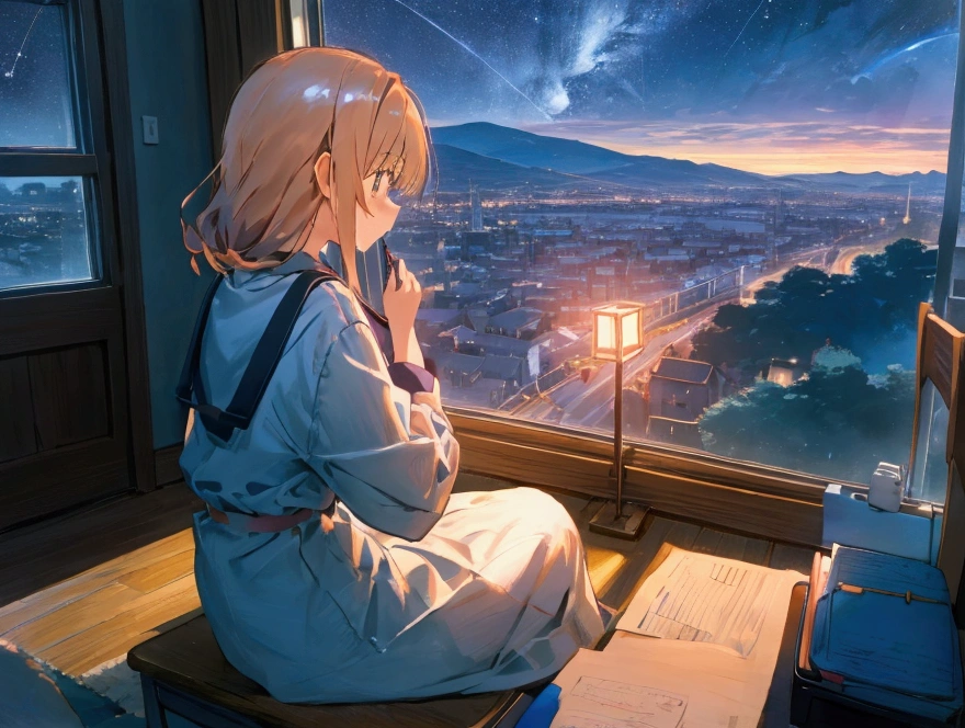 Shiina Mahiru, sitting on desk, side view perspective, LoFi Girl Inspired, writing on her diary on a desk, cute room, window with night sky behind her.