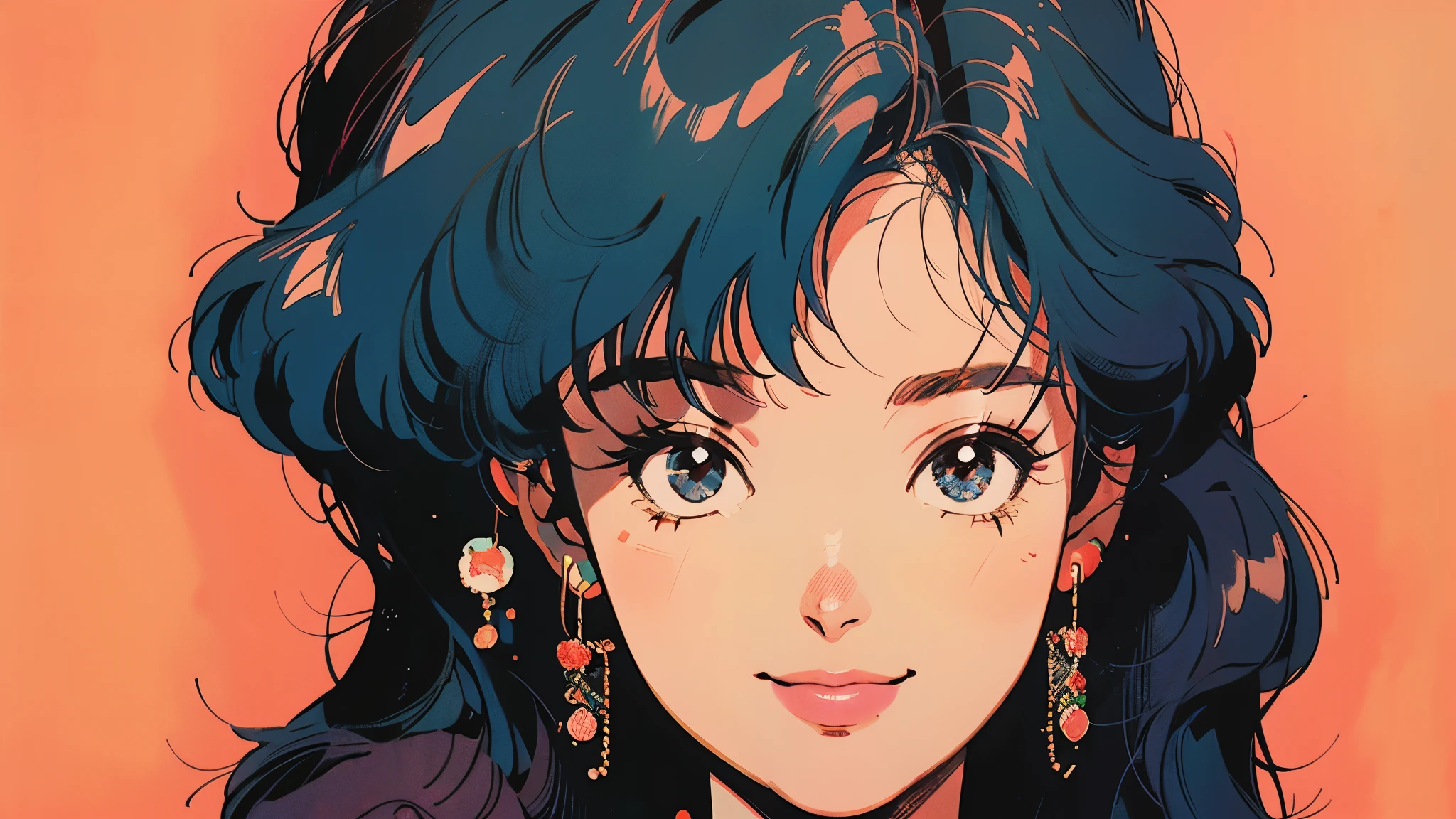 Fisheye lens, female, top quality, 8K, 80's pop style, retro, Japanese anime, smiling, hair color bright rose and red, loose permed hair, face only, speckled background,
