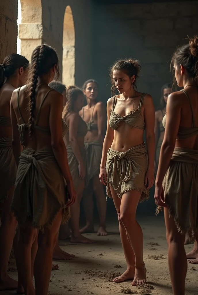 (masterpiece),(Maisie Williams),(Brunette Hair),(Detailed Gray Blue Eyes),(Detailed Nose),(Detailed Lips),(Wide Childbearing Hips),(Detailed Round Ass),(Detailed Toned Thighs),(Athletic Figure),(Natural Beauty),(Small White loincloth),(Black Neck Collar),(Topless),(Perky Small Breasts), 19 years old, Short height, different people gathered crowded area(ancient greek clothes), ancient greek slave market, standing against the stone wall in line with 6 topless slave women(different women), bare foot