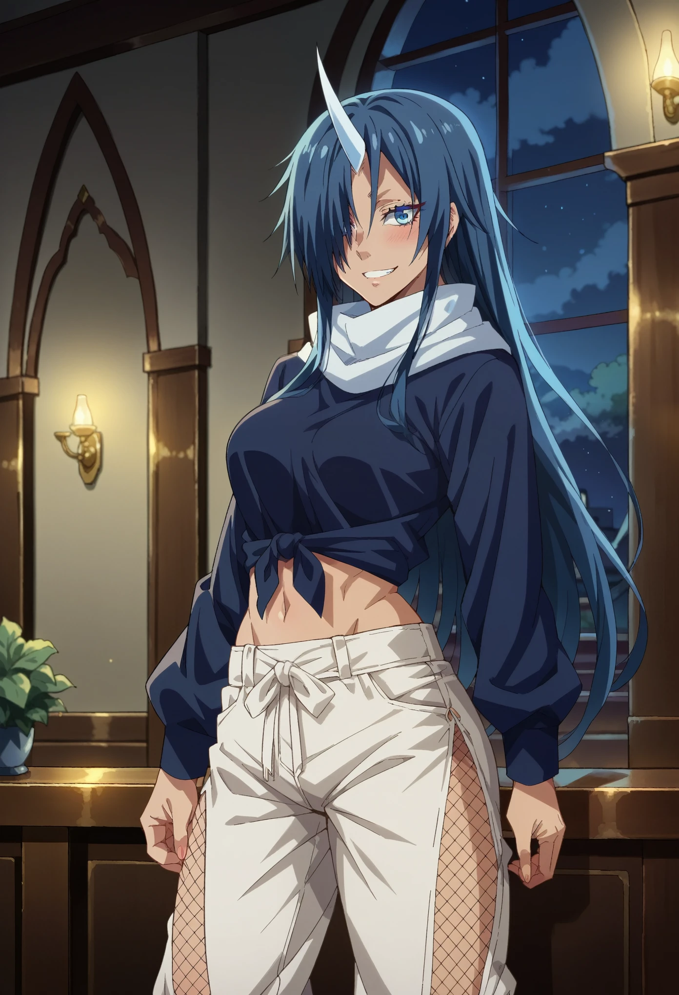 score_9, score_8_up, score_7_up, 1girl, solo, (female:1.5), female focus, souei_tensura, blue hair, (long hair:1.5), tied hair, blue eyes, hair over one eye, single horn, white scarf, baggy pants,long sleeves, fishnet wraistbands, standing, midriff, tied shirt, white shorts, fisnet thighhighs, breasts, grin, blushing, night, inside a palace