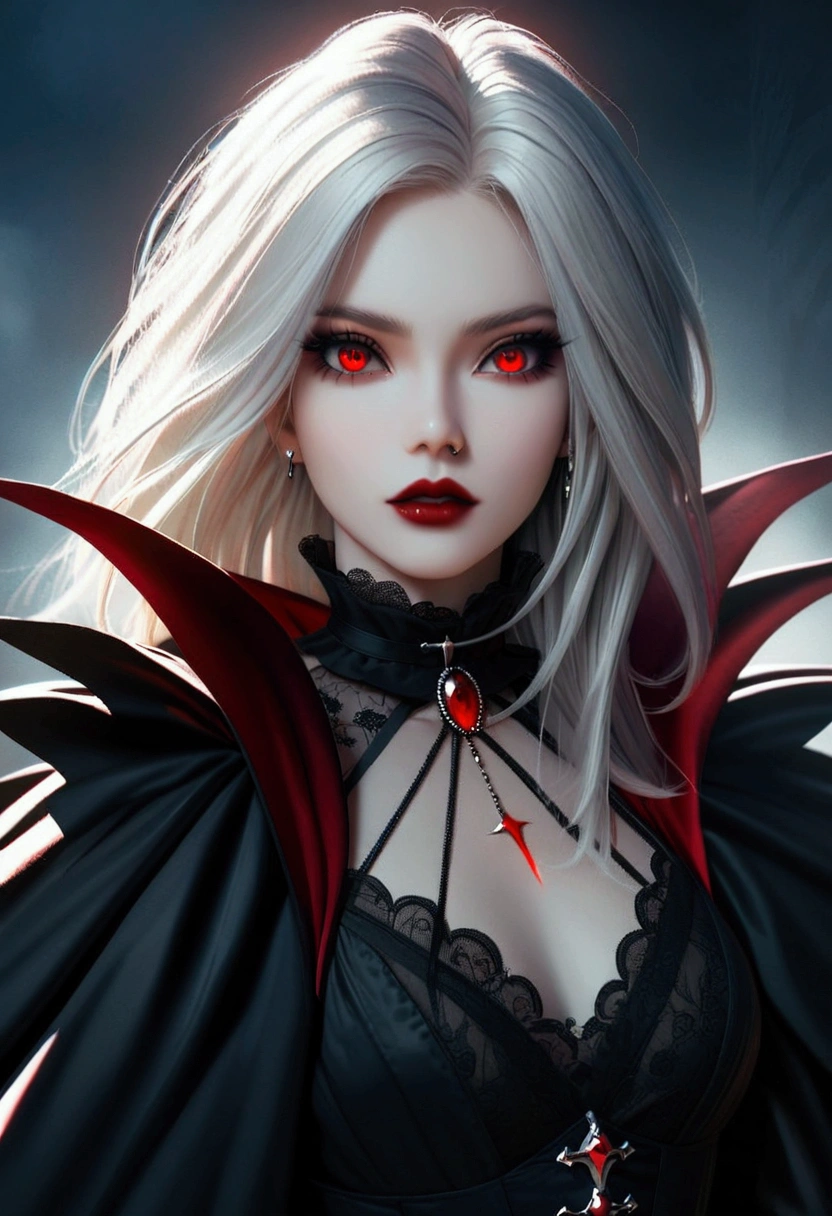 beautiful vampire woman, extremely detailed eyes and face, long white hair, red eyes, black victorian gown, piercing look, red lipstick, photorealistic, 8k, high quality, dramatic lighting, dark moody atmosphere, gothic, cinematic