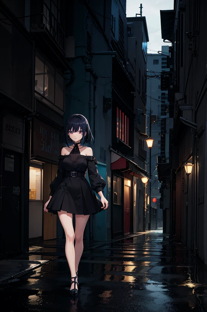 one,((Goth Fashion、Black camisole、Red ilver Accessories、Earrings、necklace、bracelet、hair ornaments、Fishnet tights、Red manicure、Black thick rubber sole))、(The setting is that she wears thongs)、(Indigo hair color、Silver inner color hairstyle), Beautiful Hair, Facial Contour, Remember, Street Corner、sunlight、splash, Lens flare,, Natural Color, High resolution, Very delicate, Very detailed, 8k,、Shyness,((Sexual))