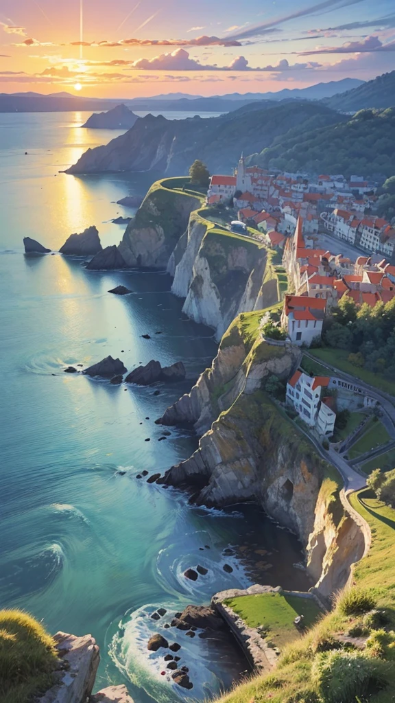 blue coast france, french coast landscape, Representative photograph of this beautiful tourist landscape, magical, masterpiece, painting awarded for its beauty, vivid and harmonious colors, Sunset, 32K