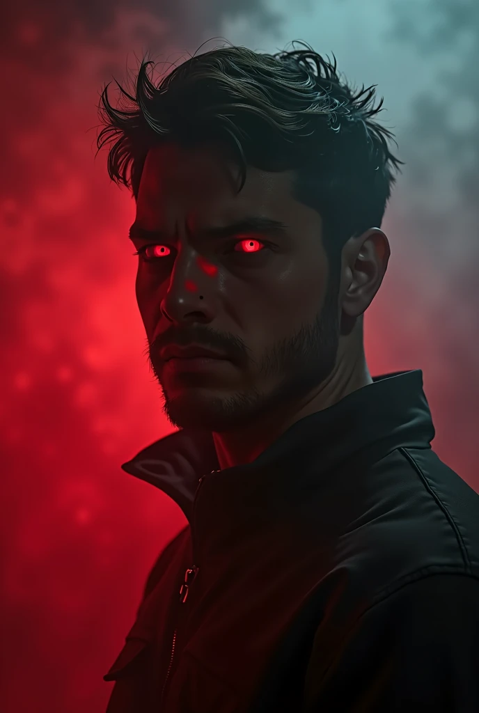 tears ,brown hair,red eyes,man, super human, art pop, masterpiece,intricate details, horror theme ,portrait,dark ambience, dust,low light ,cinematic, ambient oclussion, chromatic aberration