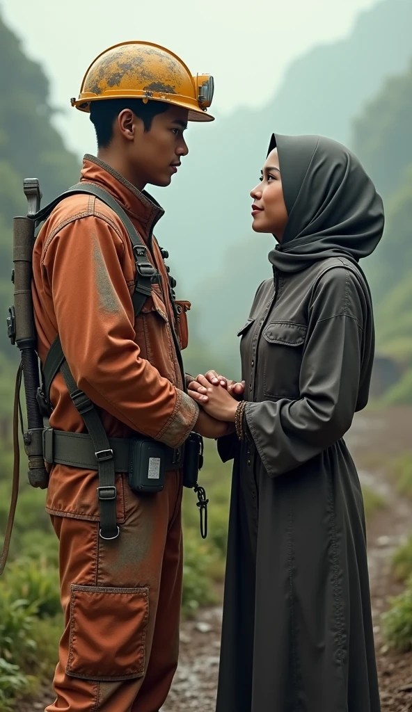 A young military man , tightly holding arm of a girl, the girl wearing a white loose trouser, blue tunic upto the knee, a white scarf covering her head