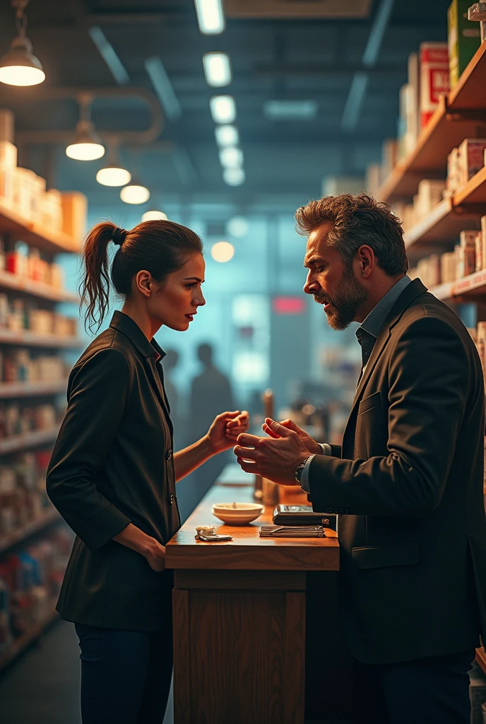Blonde woman with green eyes and curly hair in a lab coat making a formula in the laboratory while a man in a dark suit with straight black hair watches her in love reading a book and drinking coffee