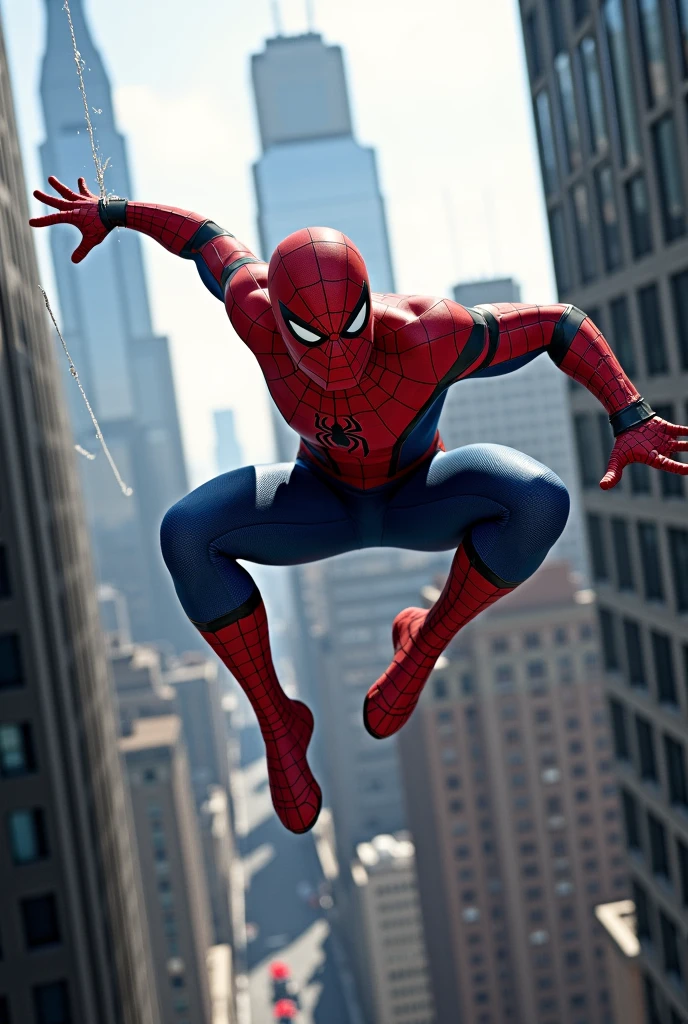 spiderman swinging in the city