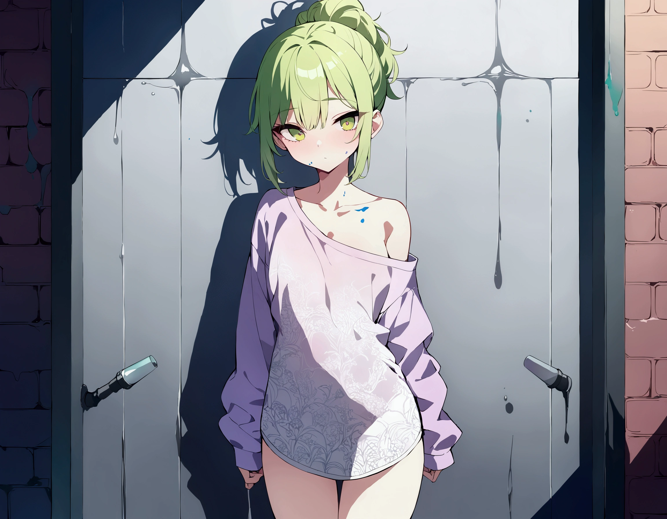 tatsumaki,short green hair,Hip Bear Robe,Lawn Park,Open the chest,Solid blue background,Cute Loli Style,having fun,Fleshy thighs、Sit with your knees bent、Show off your panties、NSFW