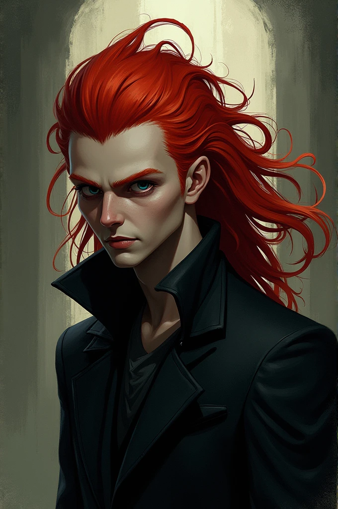 Tall vampire with red hair in a black outfit with a psychopath's face in a dark forest super realistic and well detailed