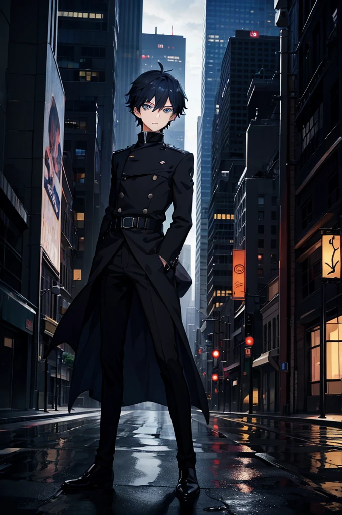 An anime Boy. he stands alone in a city late at night on a stormy night. His eyes are blue,his hire is black.his dress blue