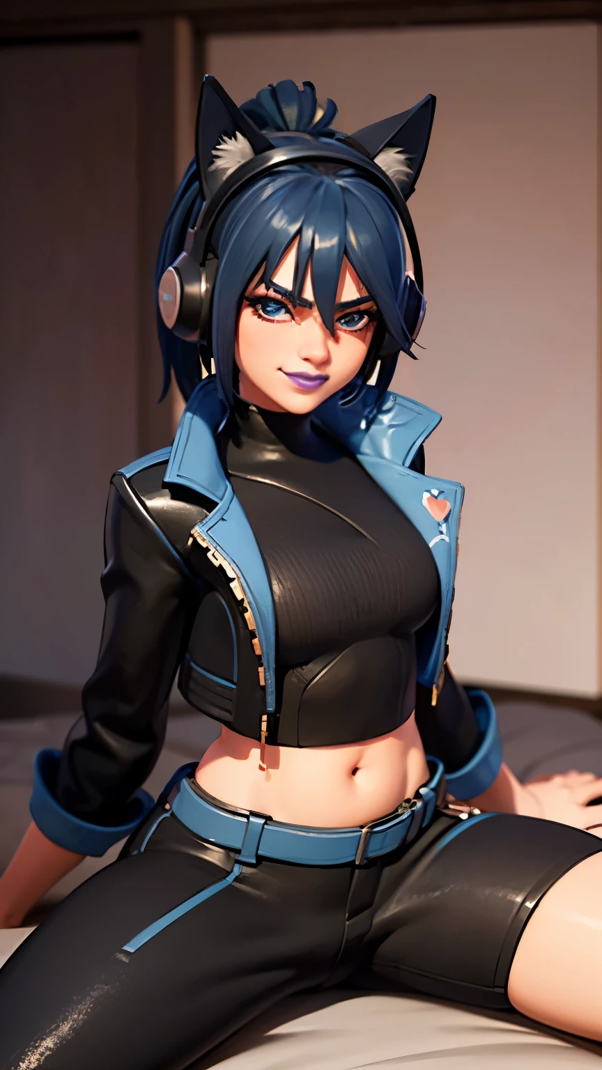 SplitScreen, split screen, bed, 2D, 1girl, blue hair, ponytail, short hair, blue eyes, eyeshadow, (blush:1.1),heart, (speed lines:1.1),medium breasts, love, heart, black jacket, jacket crop top, navel, cat ears headphones, black crop top, black top, purple lips, pants, angry, smile, looking at viewer, facing viewer, view from below, pov, pov shest, 1boy, Straddling on pov laps,