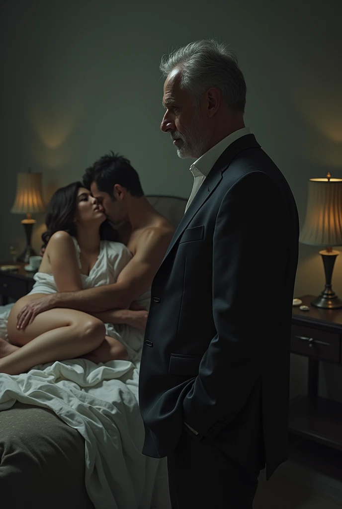 The man in his 45s with black very short hair and smooth face with moustache. The woman in her 45s with brown wavy long hair. They are naked. In the bed, they have sex. Night. Dim and dark environment. UHD. HDR. Cinematic.