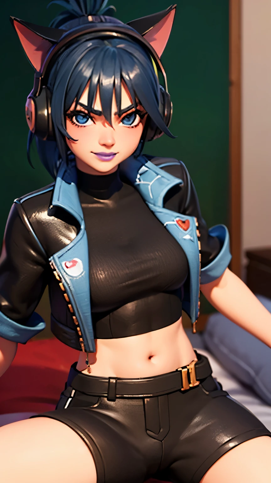 SplitScreen, split screen, bedroom background, bed, 2D, 1girl, blue hair, ponytail, short hair, blue eyes, eyeshadow, (blush:1.1),heart, (speed lines:1.1),medium breasts, love, heart, black jacket, jacket crop top, navel, cat ears headphones, black crop top, black top, purple lips, pants, angry, smile, looking at viewer, facing viewer, view from below, pov, pov chest, 1boy, Straddling on pov laps,