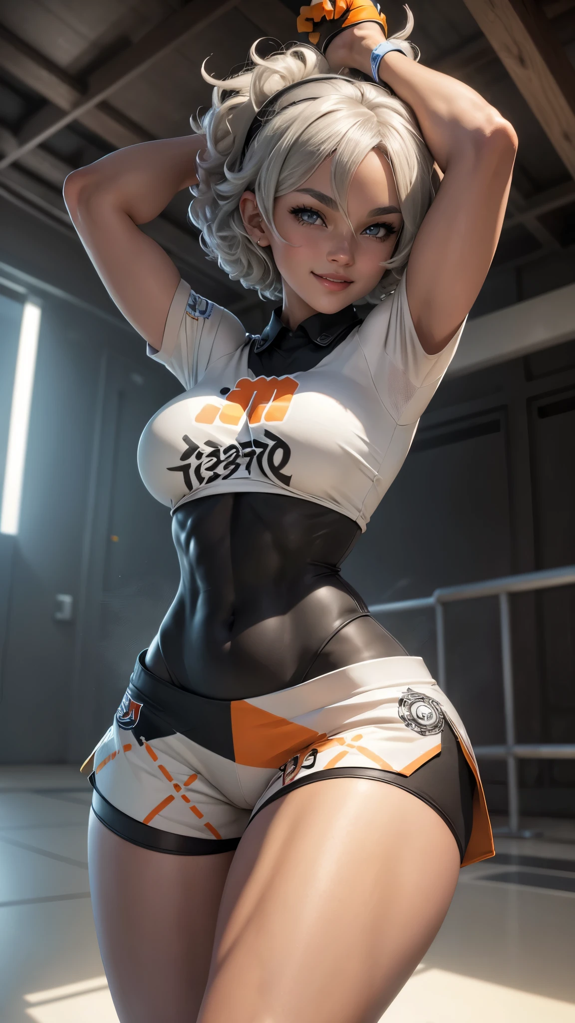 Bea da pokemon,(best qualityer,4K,8k,high resolution,work of art:1.2)(weather: windy), athletics field background, short curly hair, gray hair, cropped shirt, micro shorts, thigh high stockings, headband, gloves, leotard, ultra detailed,realistic,beautiful detailed gray eyes, beautiful detailed lips,extremely detailed eye and face, long eyelashes,average,large breasts,flying hair,beaming smile, cute smile,powerful girl, stretching the arms, bright coloured, dramatic lighting,