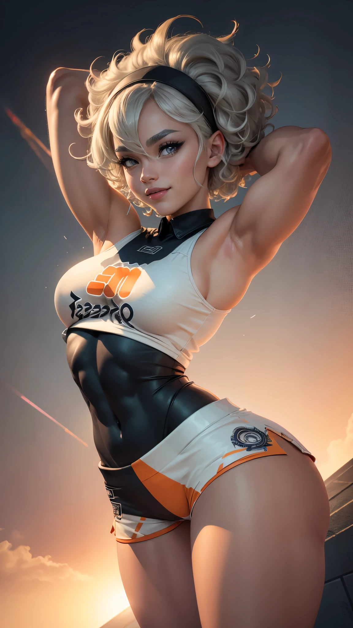 Bea da pokemon,(best qualityer,4K,8k,high resolution,work of art:1.2)(weather: windy), athletics field background, short curly hair, gray hair, cropped shirt, micro shorts, thigh high stockings, headband, gloves, leotard, ultra detailed,realistic,beautiful detailed gray eyes, beautiful detailed lips,extremely detailed eye and face, long eyelashes,average,large breasts,flying hair,beaming smile, cute smile,powerful girl, stretching the arms, bright coloured, dramatic lighting,