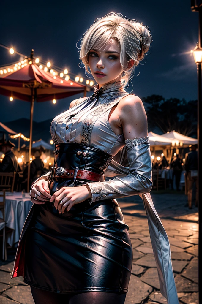 masterpiece,best quality, masterpiece, high detail,detailed face,detailed eyes,rendered eyes,perfect eyes,hip lines,crisp image,detailed,amazing,8k,8k wallpaper,8k background,high detailed skin,high res, (((cowboy shot))), solo, 1girl,looking at viewer,WillowSchnee, white hair tied up in a bun, low on the right side of the back of her head, while her bangs are shaped around the left side of her face and a small, curled lock of hair reaching almost to her shoulders. her attire consists of a black dress, white cravat secured by a silver brooch set with a red stone,  a wide belt around her waist,  black tights and red shoes. serious expression,  outdoors, military wedding, lavish wedding reception, on hillside, overlooking coast, sea, crowd, (crowd in military dress), tables, (volumetric lighting), sharp focus, hyper detailed 