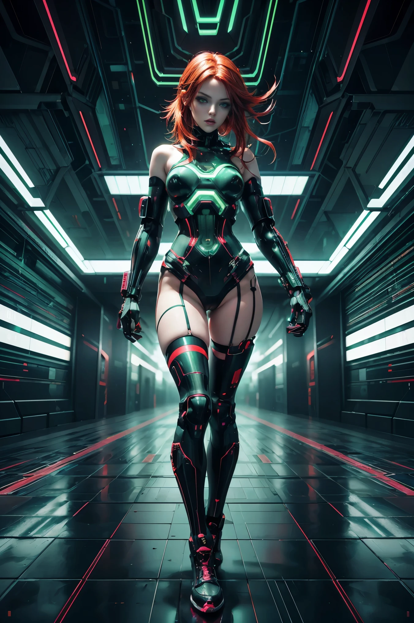 solo, 1girl, full body nude, (electric red green hair), (electric yellow eyes), ((Cyber punk outfit)), (symmetrical eyes), (Perfect face), (Perfect Anatomy), (looking at viewer), (cyber shot), ((Glitch Art background)), (glitch art:1.3) ((glitch effect)), (8k), (HD), (Cinematography)