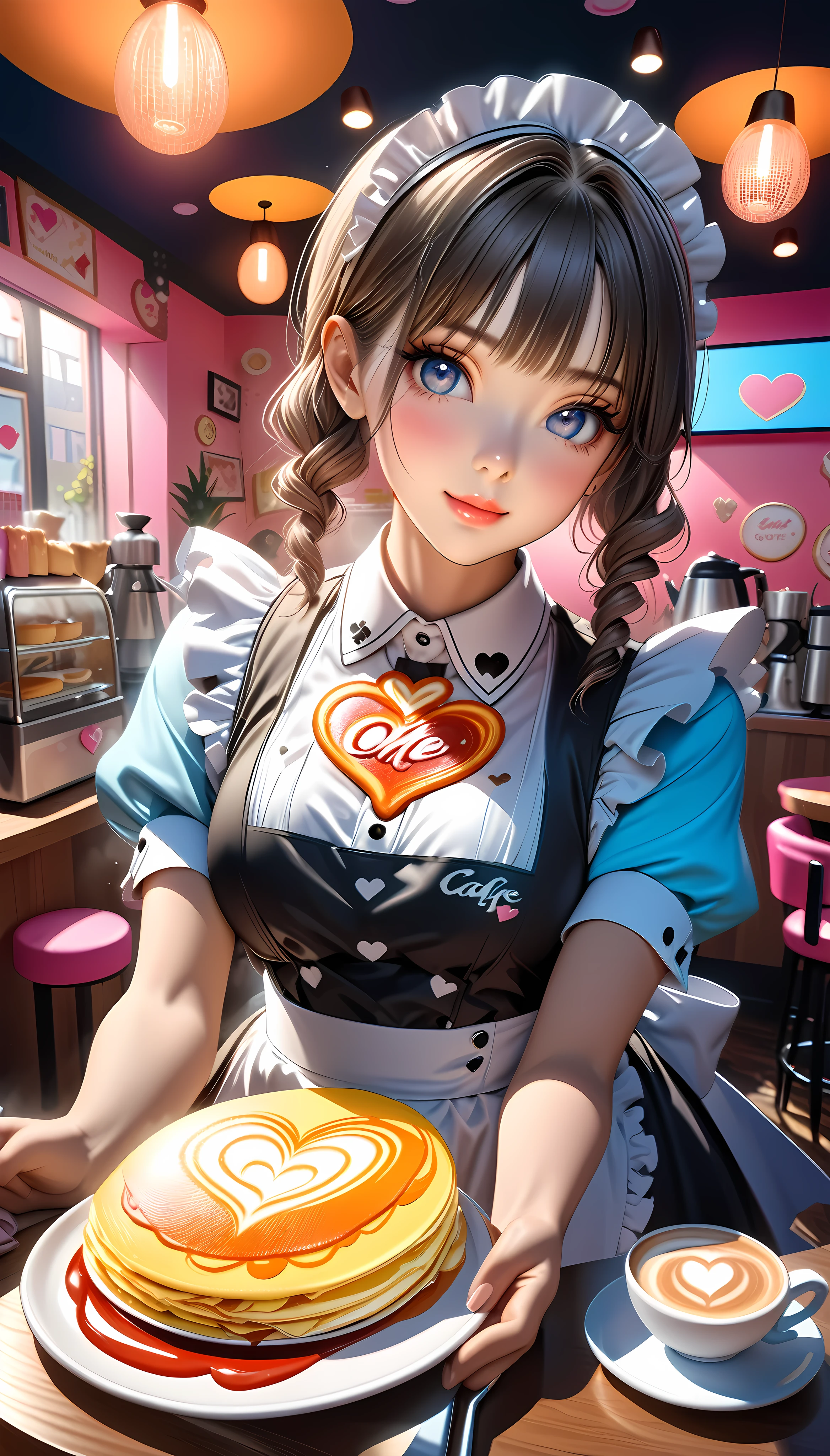 a beautiful maid in a colorful maid cafe, detailed maid uniform, moe moe aesthetic, heart-shaped ketchup design on fluffy omelette, steaming hot coffee with heart latte art, maid gazing lovingly, delicate hands offering the coffee, 8k, high quality, vibrant colors, dynamic lighting, photorealistic, detailed, cute, kawaii, elegant, intricate, masterpiece