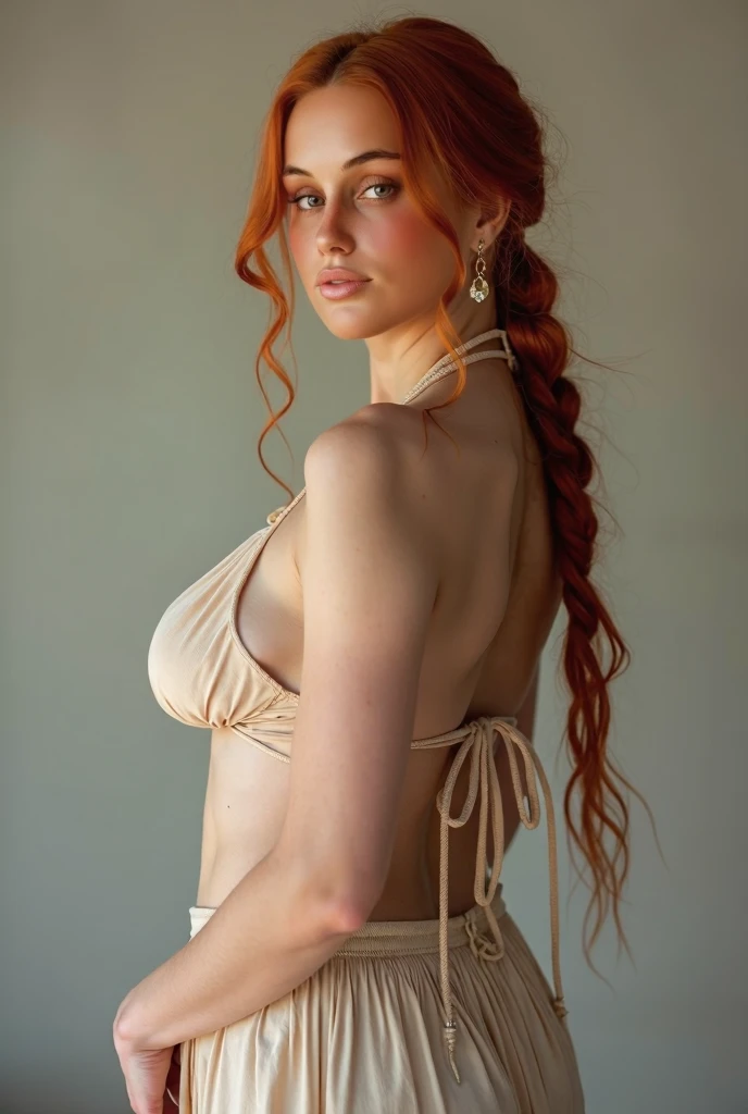 a beautiful woman, nude, long flowing braided ginger hair, hand covering pussy, looking directly at viewer, hyperrealistic, high quality photograph, pinup style, photoshoot by Helmut Newton using Olympus OM1