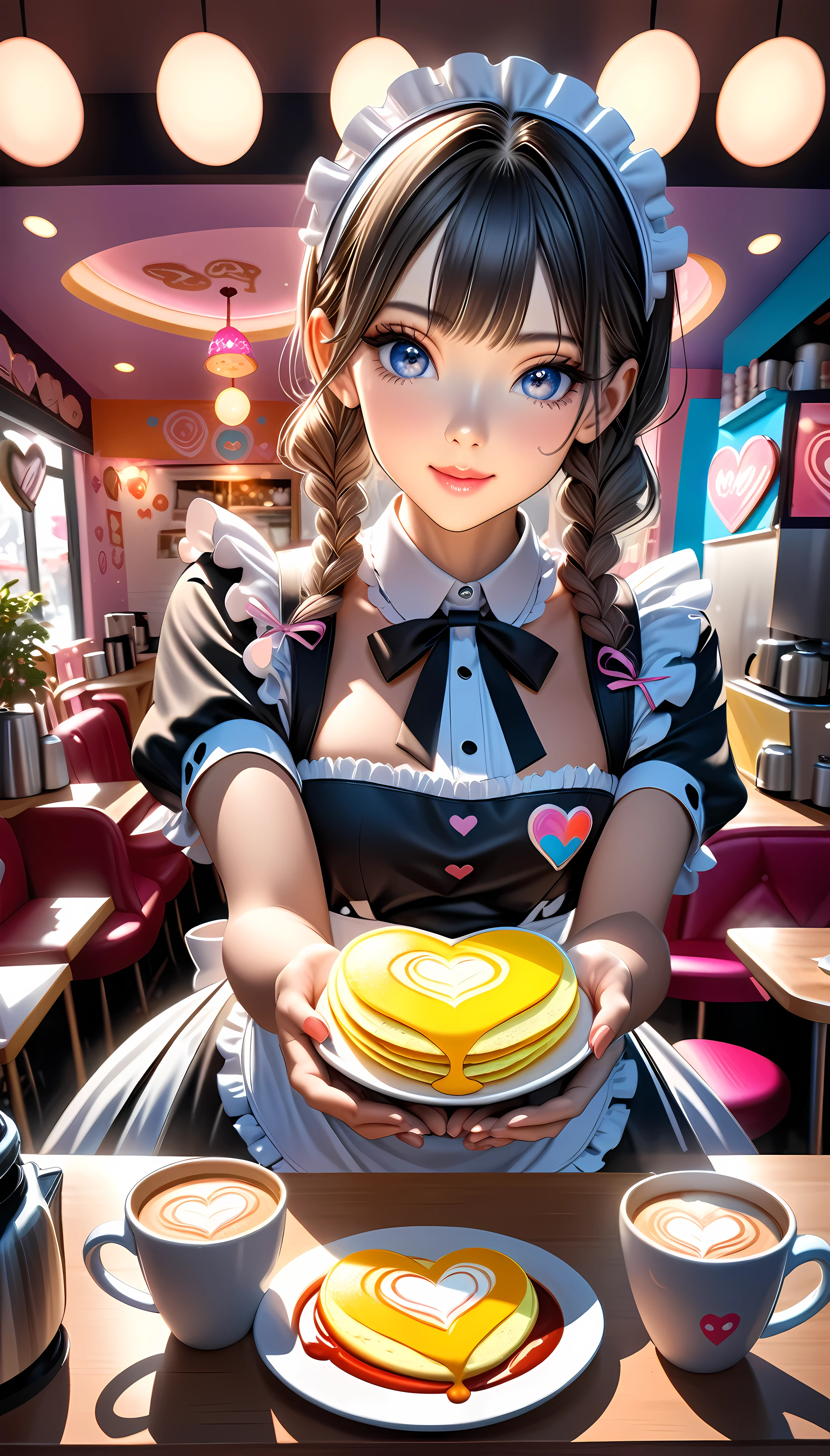 a beautiful maid in a colorful maid cafe, detailed maid uniform, moe moe aesthetic, heart-shaped ketchup design on fluffy omelette, steaming hot coffee with heart latte art, maid gazing lovingly, delicate hands offering the coffee, 8k, high quality, vibrant colors, dynamic lighting, photorealistic, detailed, cute, kawaii, elegant, intricate, masterpiece