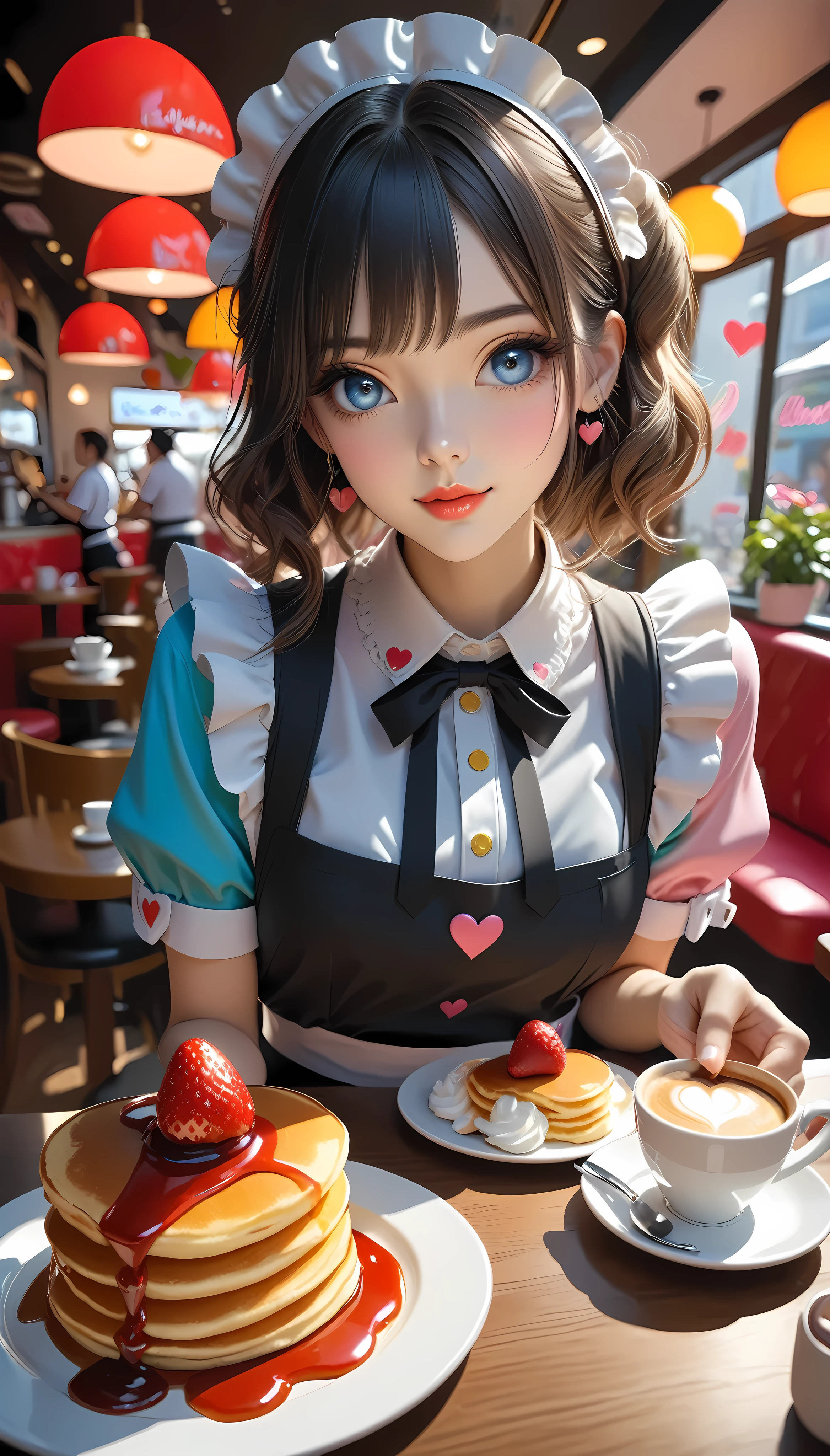 A vibrantly coloured work of art, maid Cafe, Coffee provided, Moe Moe Zukyuun💕, BREAK Fluffy pancakes, A heart is drawn with strawberry sauce, BREAK with coffee, An attractive maid stares at you, Coffee offered to you with a gentle hand, ARW