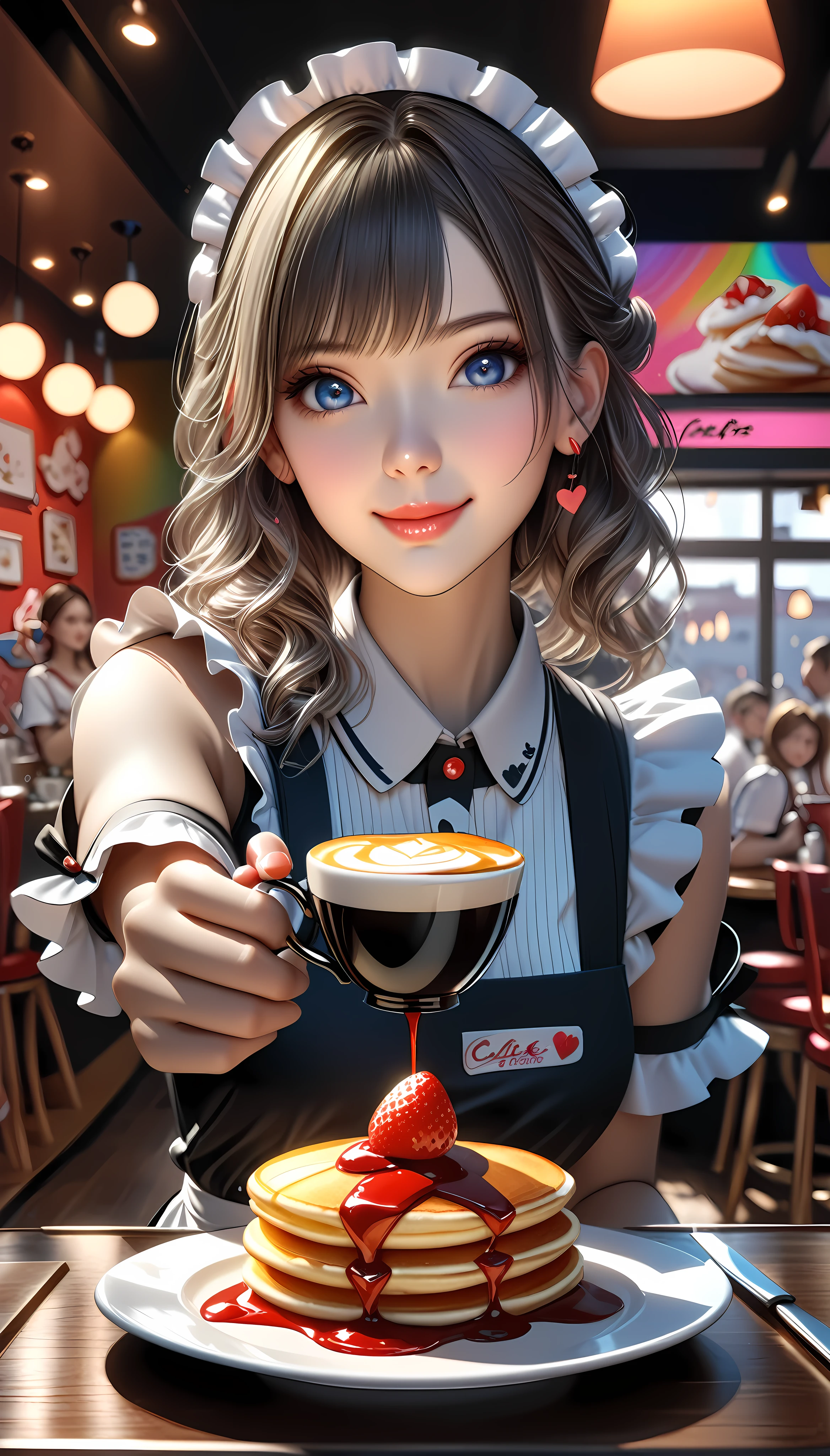 A vibrantly coloured work of art, maid Cafe, Coffee provided, Moe Moe Zukyuun💕, BREAK Fluffy pancakes, A heart is drawn with strawberry sauce, BREAK with coffee, An attractive maid stares at you, Coffee offered to you with a gentle hand, ARW