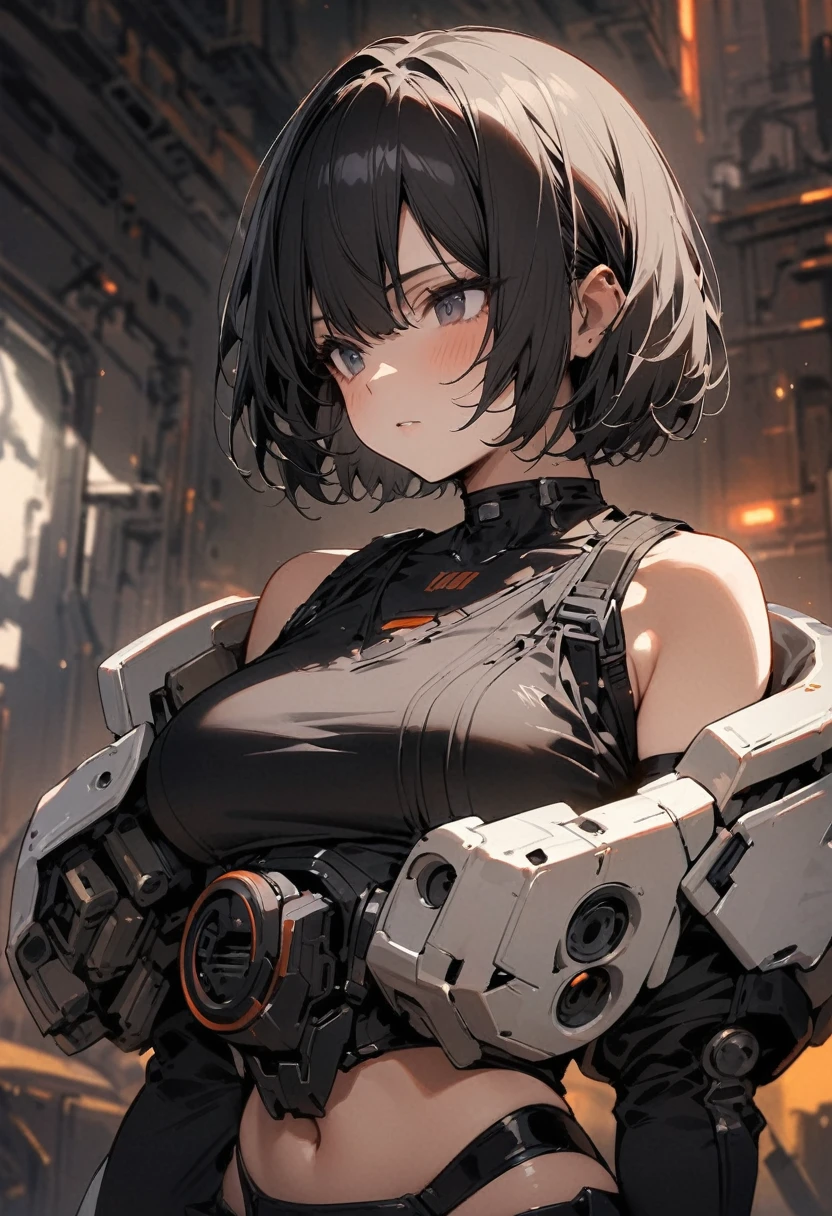 High resolution, masterpiece, Highest quality, girl, Black Short Hair, The right half of the body is mechanized