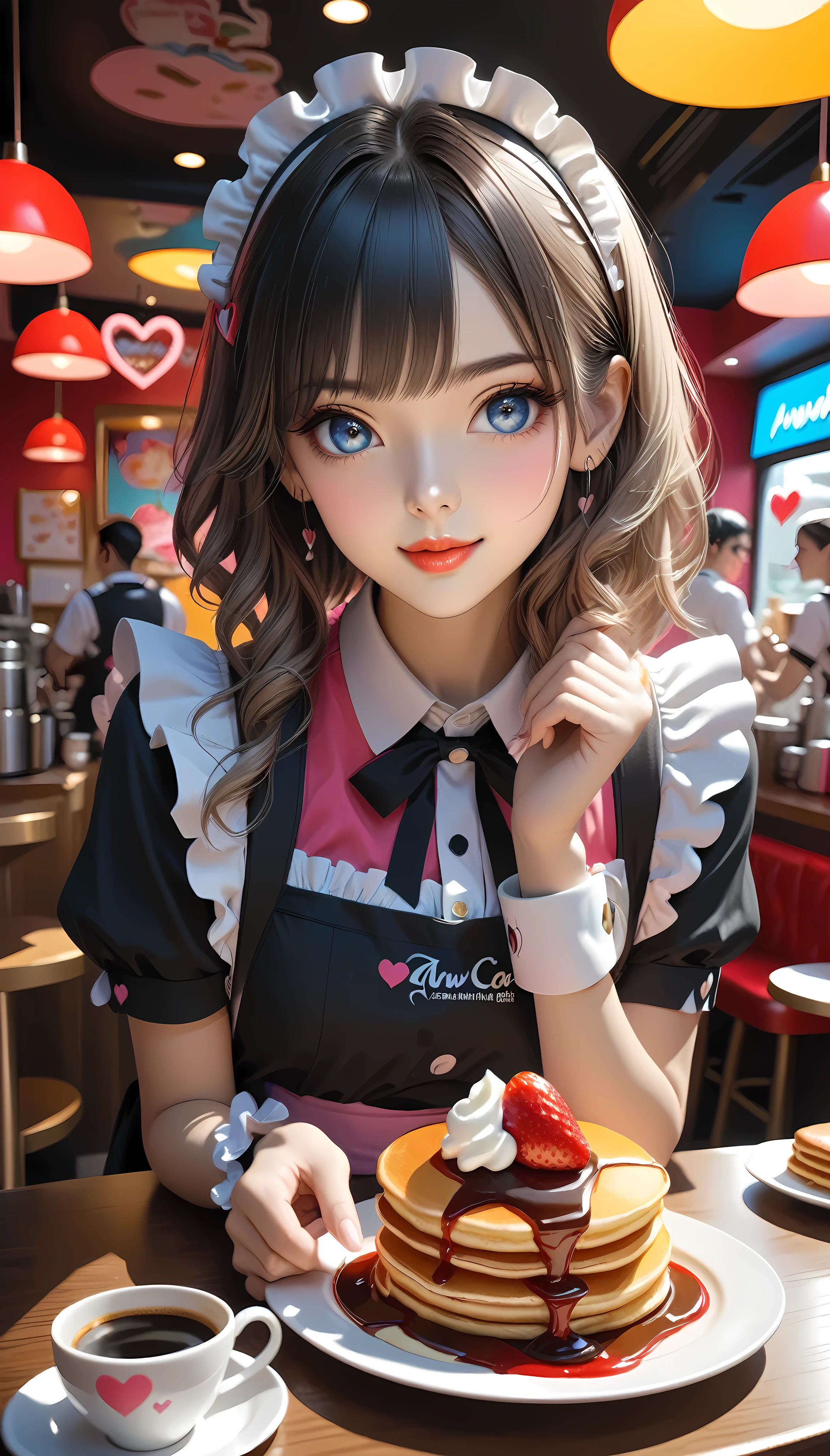 A vibrantly coloured work of art, maid Cafe, Moe Moe Zukyuun💕, BREAK Fluffy pancakes, A heart is drawn with strawberry sauce, BREAK with coffee, An attractive maid stares at you, Coffee offered to you with a gentle hand, ARW