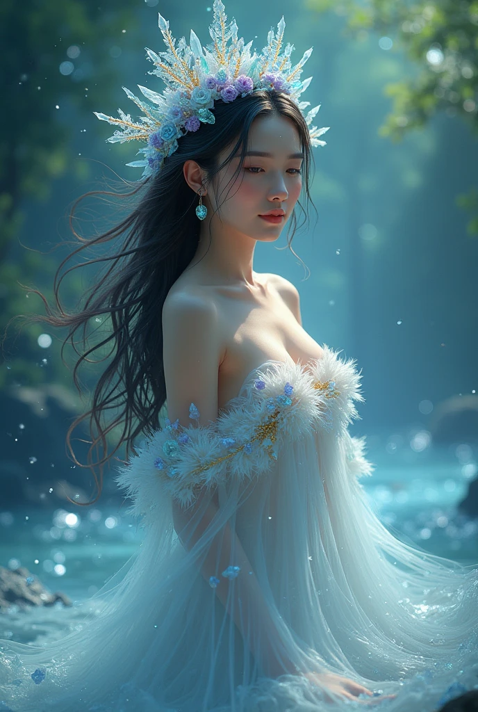 A beautiful girl is dancing , looking into the camera, photorealistic painting, sharp focus, 8k, perfect composition, trending on art station, award-winning photograph, unreal engine 5, cinematic smooth, intricate detail, highly detailed, from below, splash, fractal art, god ray, crystallineAI, rainbow,  in the park,naked