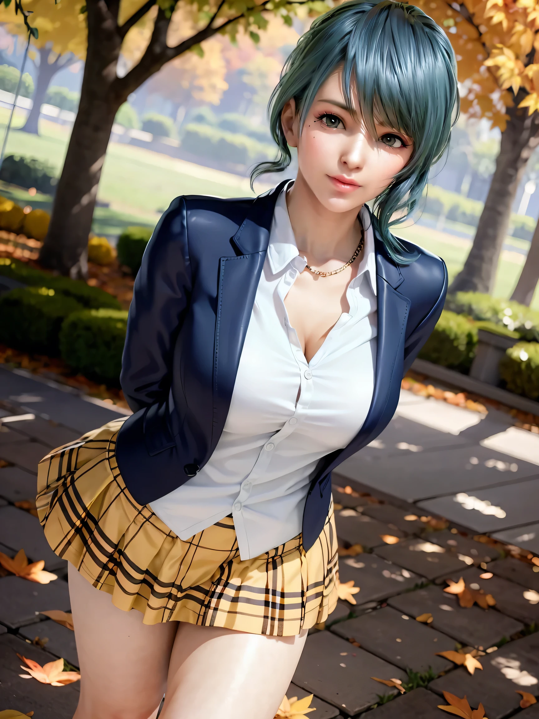shy,smile,walking,leaning forward,arms behind back,looking up at viewer,nature walk,Autumn day,Autumn colors,dappled sunlight,Autumn elements,light leaks,flora,from above,dutch angle,dynamic angle,,masterpiece, best quality, high resolution, 4k, ultra high resolution, highly detailed, highly detailed, beautiful eyes, beautiful hair, beautiful side, beautiful skin,shiny skin,good hands,,curvy,tamaki,(Mole under left eye),Cosmic eyes,school uniform,