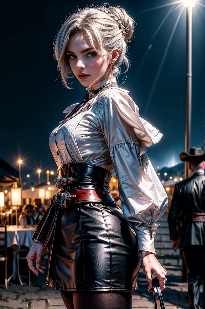 masterpiece,best quality, masterpiece, high detail,detailed face,detailed eyes,rendered eyes,perfect eyes,hip lines,crisp image,detailed,amazing,8k,8k wallpaper,8k background,high detailed skin,high res, (((cowboy shot))), solo, 1girl,looking at viewer,WillowSchnee, white hair tied up in a bun, low on the right side of the back of her head, while her bangs are shaped around the left side of her face and a small, curled lock of hair reaching almost to her shoulders. her attire consists of a black dress, white cravat secured by a silver brooch set with a red stone,  a wide belt around her waist,  black tights and red shoes. serious expression,  outdoors, military wedding, lavish wedding reception, on hillside, overlooking coast, sea, crowd, (crowd in military dress), tables, (volumetric lighting), sharp focus, hyper detailed 