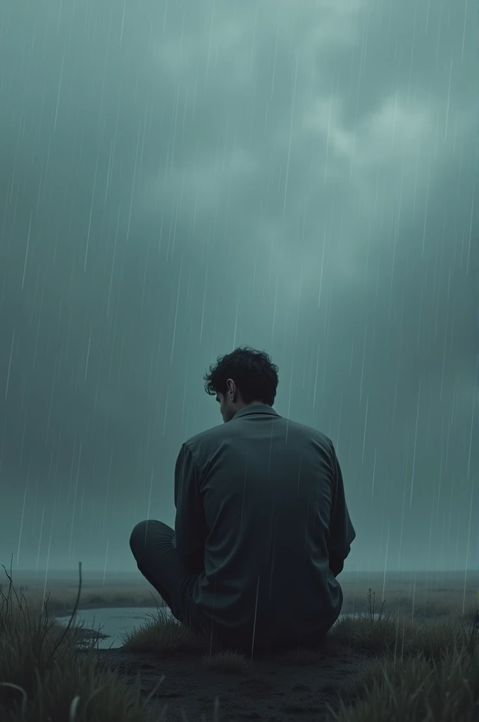 Man sitting sad in the middle of a cloudy and rainy weather