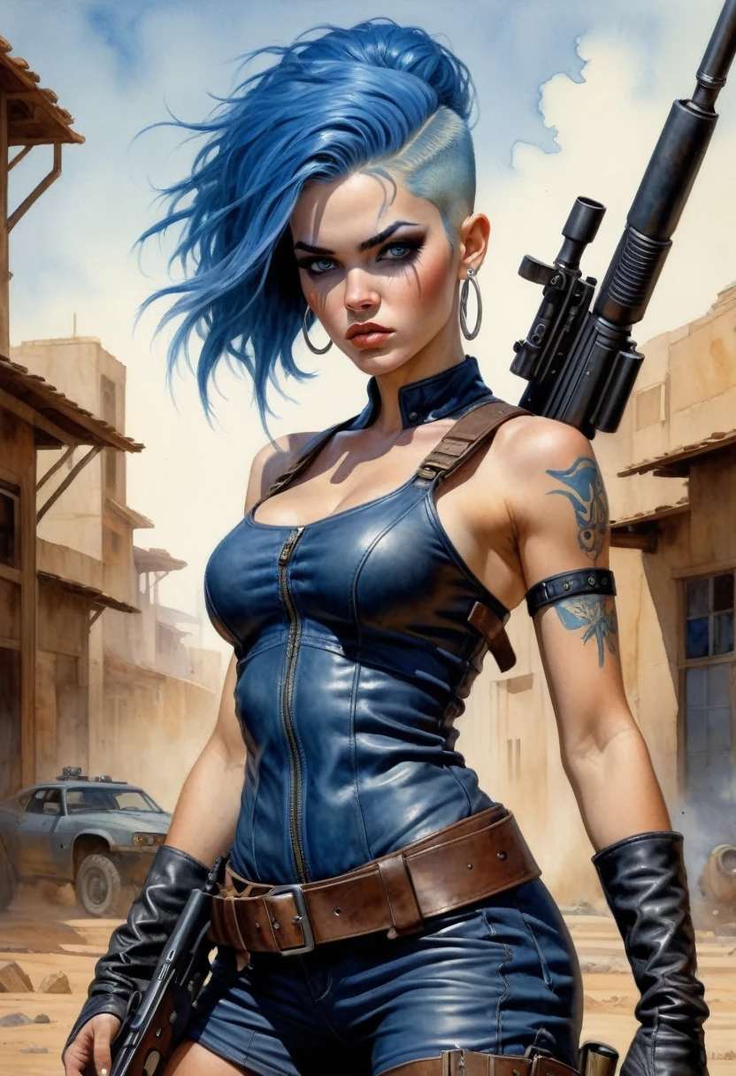 The watercolor work features a full-length portrait of a future warrior, stylized by illustrator Robert McGuinness and David Uhl. Dressed in leather with some wear, she sports blue hair. She holds a massive, advanced rifle, looking around with fear and wide eyes as she emerges from the side.