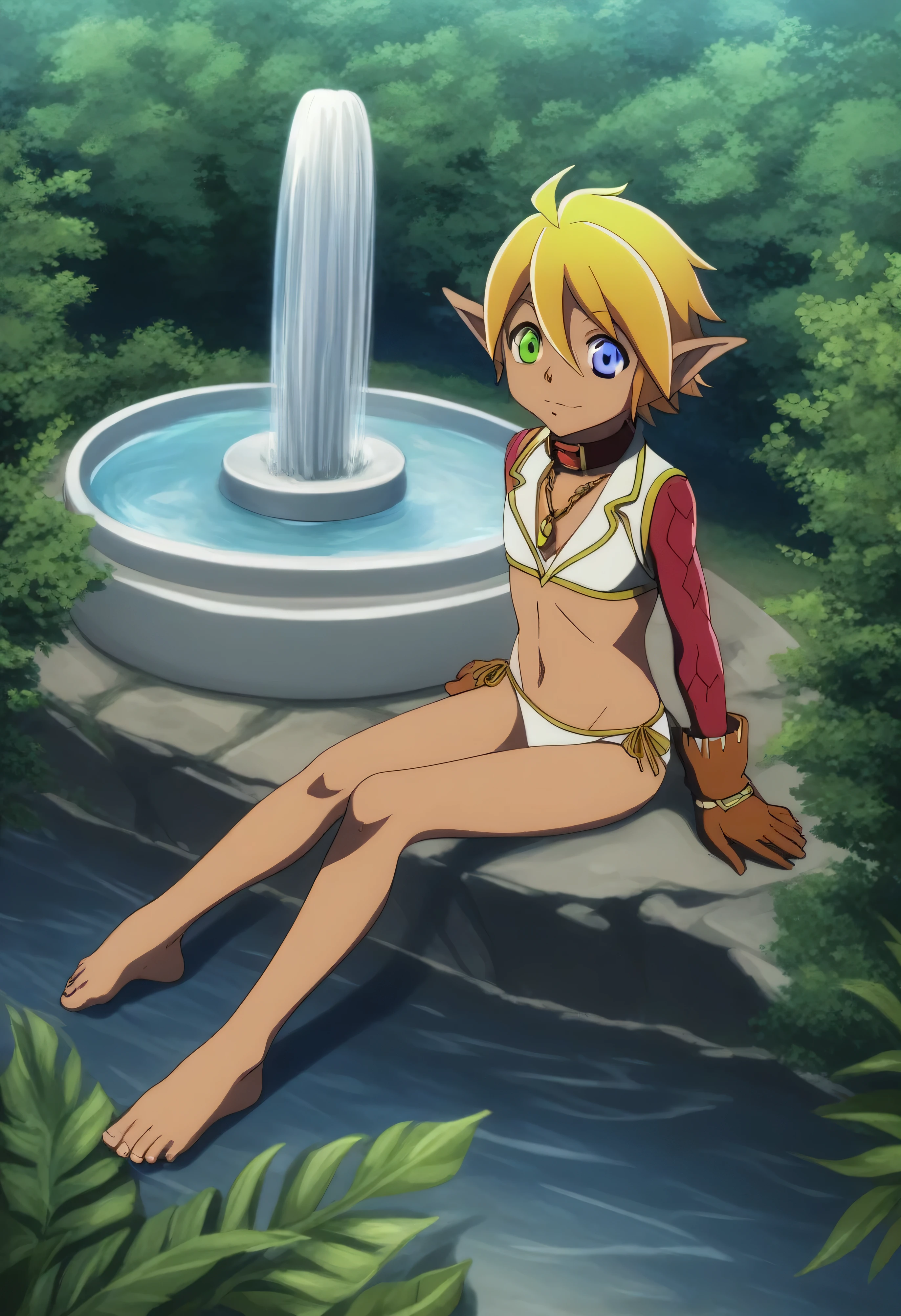 score_9, score_8_above, score_7_above, fountain_cheered up,
aurabellafiora,
aura bella fiora, short hair, blue eyes, by rubio, hair between the eyes, green eyes, He drowned, pointy ears, Dark skin, heterochromia, elf, dark elf,
White Bikini, collar,
outdoor, evening, evening sky, forest, nature,
looking at the viewer, cowboy shot, dutch angle, sitting, barefoot, bikini, detailed feet