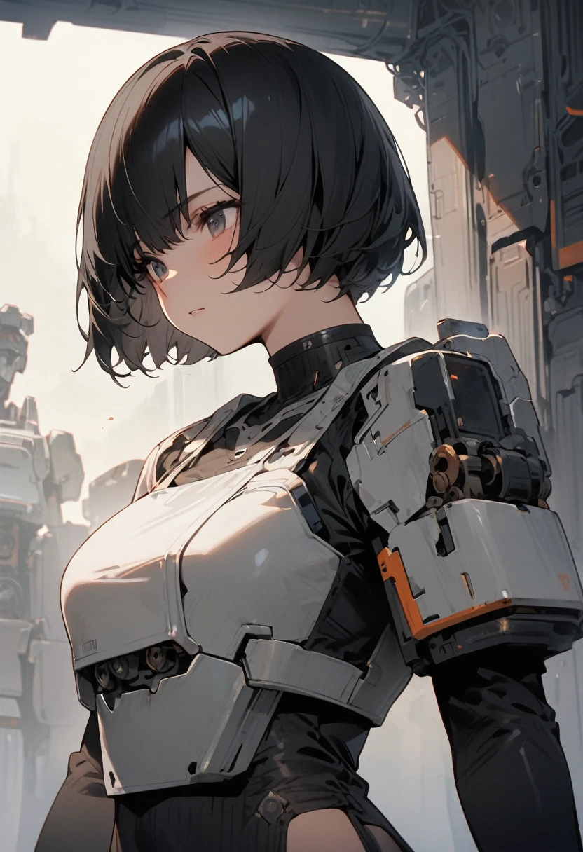 High resolution, masterpiece, Highest quality, girl, Black Short Hair, The right half of the body is mechanized, Full body portrait, Under maintenance