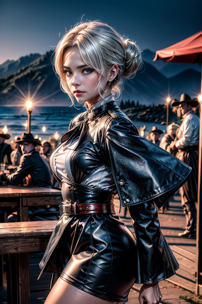 masterpiece,best quality, masterpiece, high detail,detailed face,detailed eyes,rendered eyes,perfect eyes,hip lines,crisp image,detailed,amazing,8k,8k wallpaper,8k background,high detailed skin,high res, (((cowboy shot))), solo, 1girl,looking at viewer,WillowSchnee, white hair tied up in a bun, low on the right side of the back of her head, while her bangs are shaped around the left side of her face and a small, curled lock of hair reaching almost to her shoulders. her attire consists of a black dress, white cravat secured by a silver brooch set with a red stone,  a wide belt around her waist,  black tights and red shoes. serious expression,  outdoors, military wedding, lavish wedding reception, on hillside, overlooking coast, sea, crowd, (crowd in military dress), tables, (volumetric lighting), sharp focus, hyper detailed 