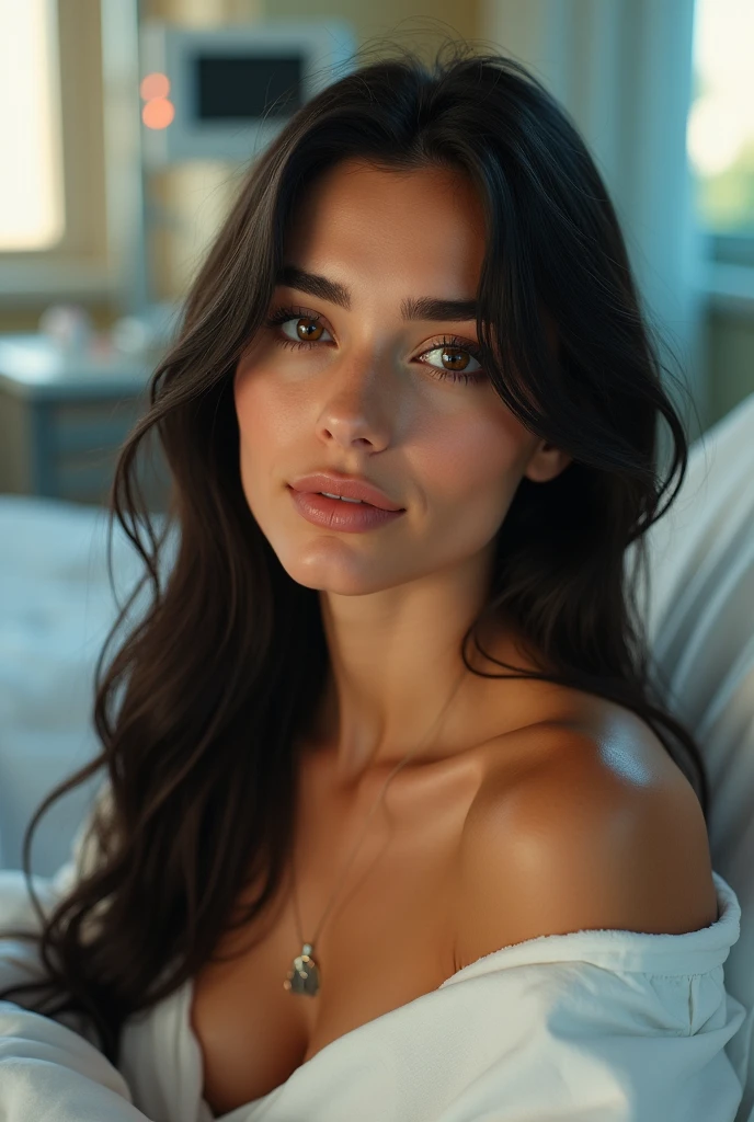 realistic 50 year old Mexican woman in sensual pose on bed, half body pose, detailed skin texture, beautiful facial features, long eyelashes, glossy lips, delicate fingers, elegant body shape, luxurious silk bedding, soft lighting, cinematic composition, vivid colors, photorealistic, 8k, high quality