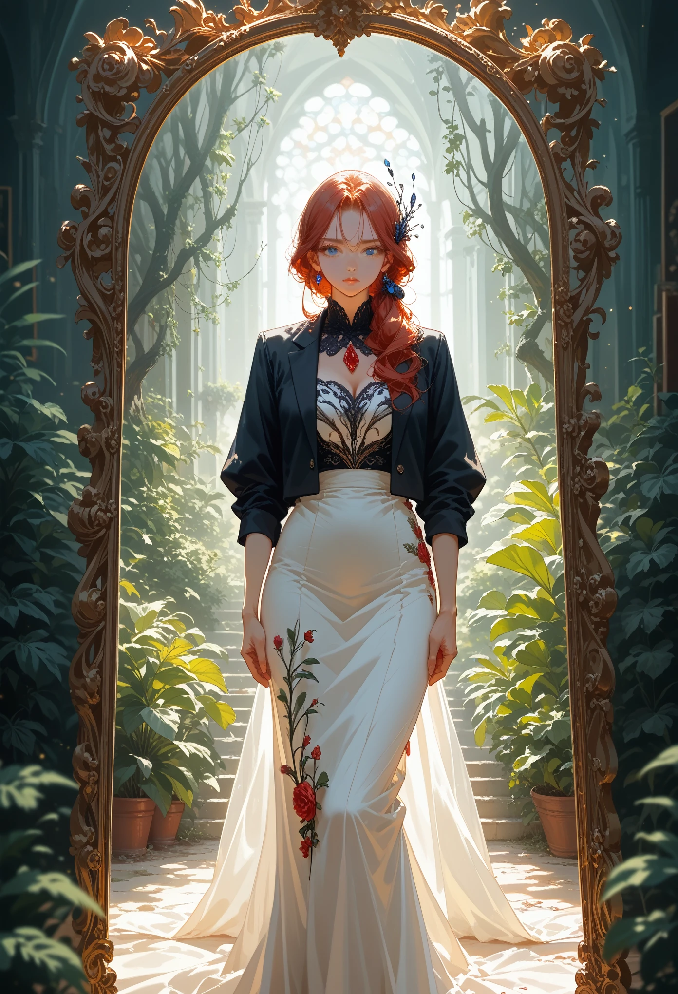 Anime girl, Bright Beautiful, sexy, curvy, Beautiful face, voluminous hair, beautiful blue eyes, ((Dressed in a Black Red White Dress Suit)), stands near a large mirror with golden patterns and purple stones and is entwined with vines, looks at the viewer, Room with Different Colors,Small parts, a lot of details, Very well thought out picture,masterpiece,score_9, score_8_up, score_7_up, dramatic lighting, highly detailed, high budget, bokeh, cinemascope, moody, epic, gorgeous, film grain, grainy, masterpiece, best quality, perfect anatomy, very aesthetic, official art, 8k,novuschroma70 style