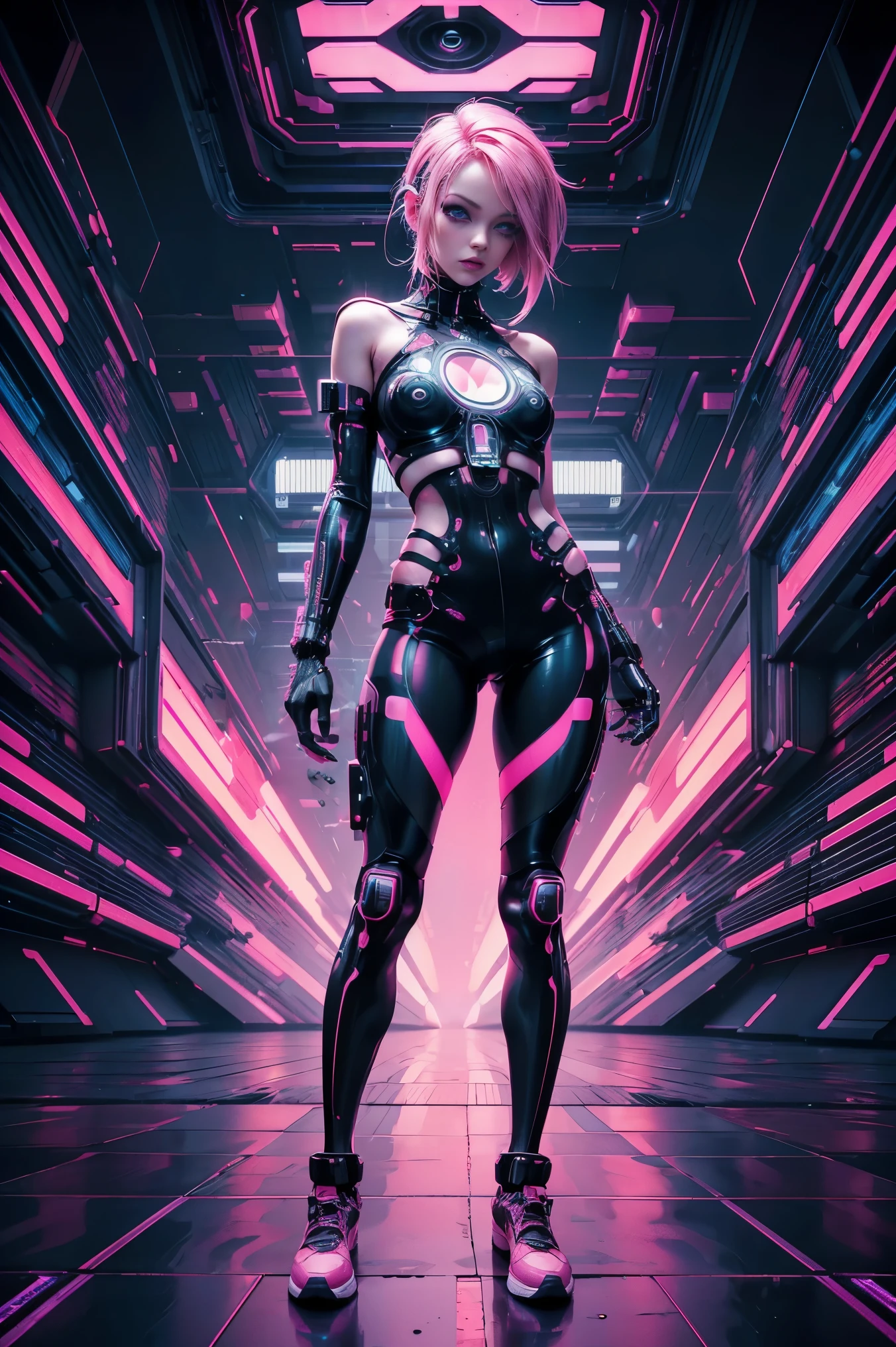 Masterpiece, a beautiful female Dancer, (Charlize Theron), (cyberpunk city at night background), partially transparent sexy cyberpunk Neon Red outfit, Chains and Collar, (small breasts), (Body Tattoo), strong muscular body, (Standing) ((Best quality)), ((masterpiece)), (highly detailed:1.3), 3D, beautiful (cyberpunk:1.3), Top Quality, Masterpiece, Ultra High Resolution, (Photorealistic: 1.4), Raw Photo, 1 Girl, Blonde Hair, Glossy Skin, 1 Mechanical Girl, (Ultra Realistic Details))l, Global Illumination, Shadows, Octane Rendering, 8K, Ultra Sharp, Big, Cleavage Exposed Raw Skin, Metal, Intricate Ornament Details, Egyptian Details, Very intricate details, realistic light, CGSoation trend, purple eyes, glowing eyes, facing the camera, neon details, mechanical limbs, blood vessels connected to the tube, mechanical vertebrae attached to the back, mechanical cervical attachment to the neck, sitting, wires and cables connecting to the head, evangelion, small LED lamp