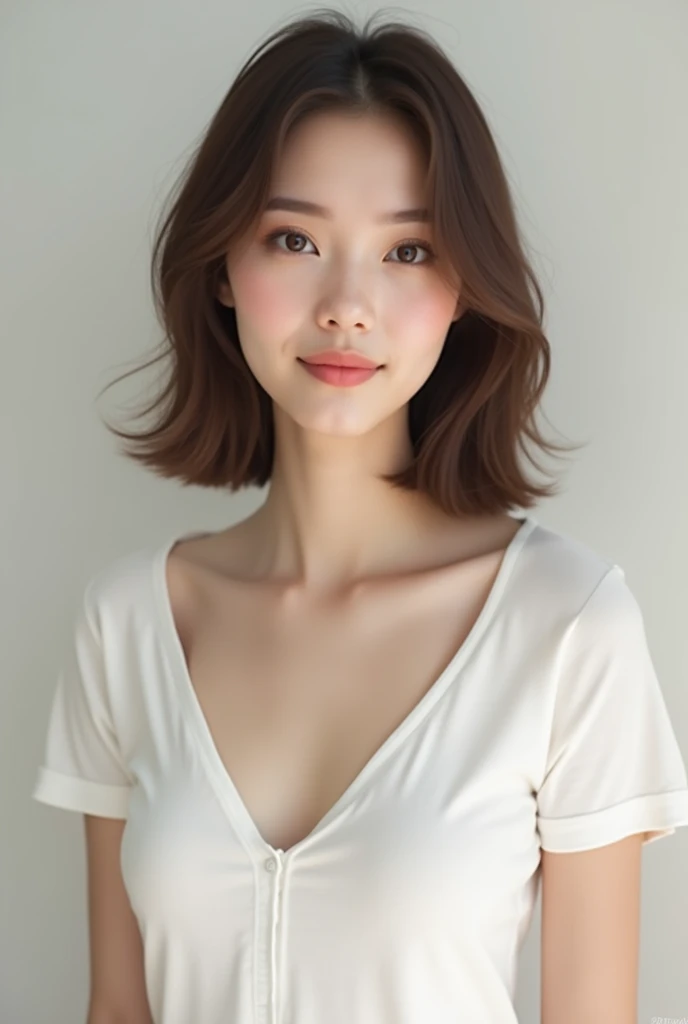 a portrait-style photograph featuring a gorgeous Asian woman with light skin and straight, shoulder-length brown hair with bangs. She is wearing a white, long-sleeved top with a cropped design, revealing a small portion of her midriff. The top has subtle embroidered details on the left side. She accessorizes with a delicate necklace featuring a small pendant and matching earrings. The background is plain and light-colored, which keeps the focus on the subject. Her expression is neutral, and she is looking directly at the camera.