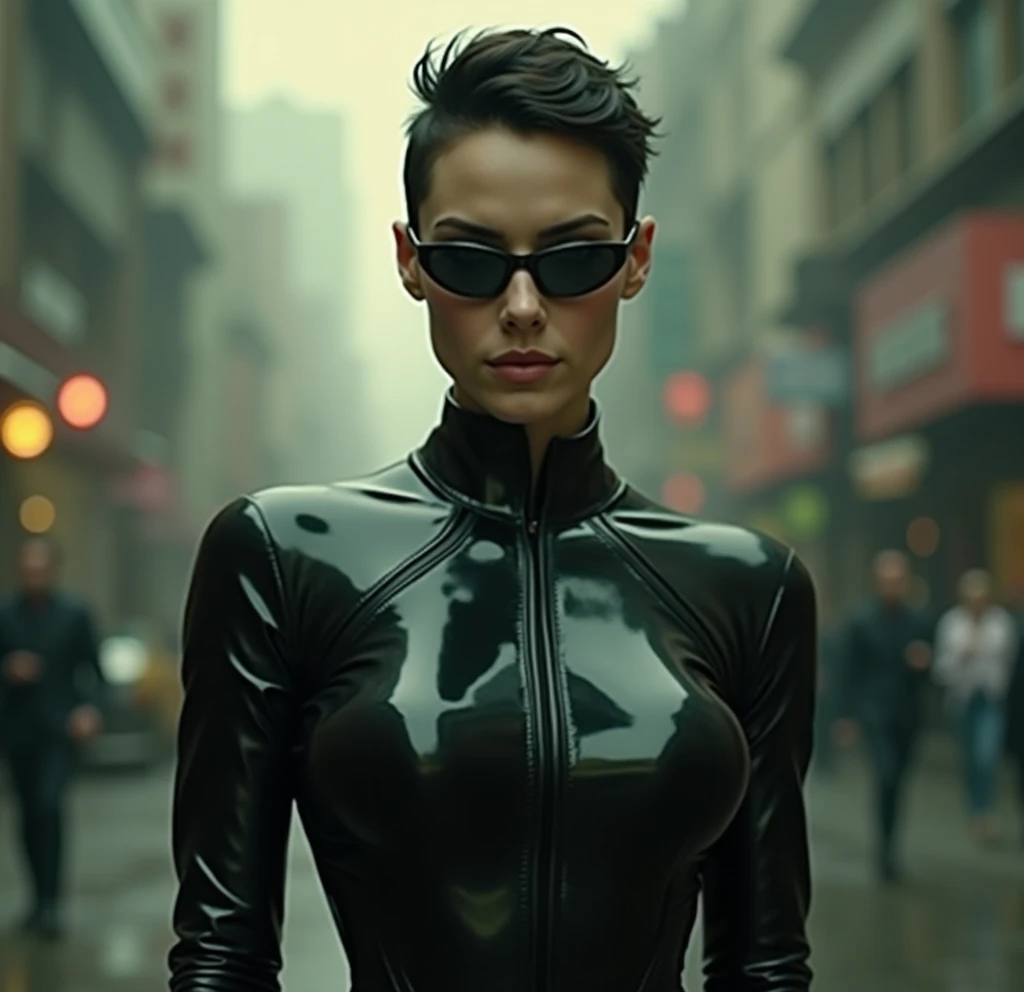 matrix trinity,kung fu,(masterpiece, Best Quality, High resolution, 32K HDR)), (Perfect portrait of trinity00:1.15), (black body suit:1.1, realistic Trinity sunglasses:1.1), Ultra detailed eyes, hyper derailed face, Detailed mouth, Detailed skin texture, (Atmospheric lighting), Shot with Aricum LT camera, (realistic driving the bike:1.2, on the highway:1.1, Huge breasts:1.15),